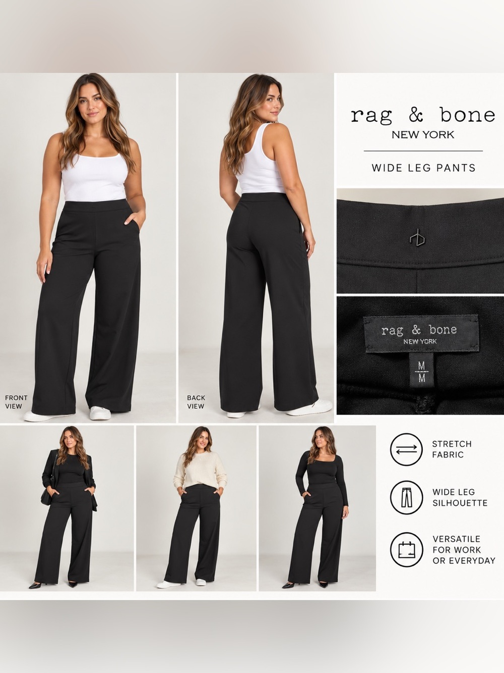 Rag & Bone New York Black Wide Leg Pants Size M High Rise Stretch